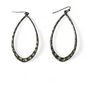 Silver Tone Hammered Teardrop Open Hoop Earrings